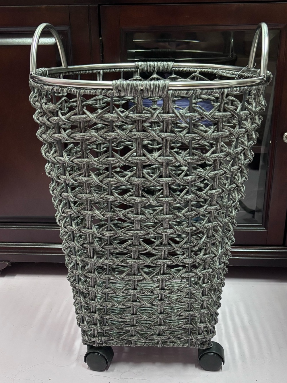 Woven Gray Rolling Laundry Basket with Handles Sturdy NWOT Decorative Hamper